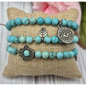 Lot Set of 3 Faux Turquoise & Silver Tone Charm Stretch Bracelet Hamsa Evil Eye